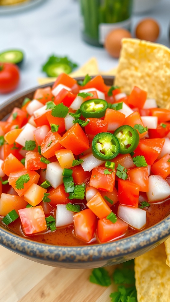 A bowl of pico de gallo with tomatoes, onions, and cilantro, surrounded by tortilla chips.